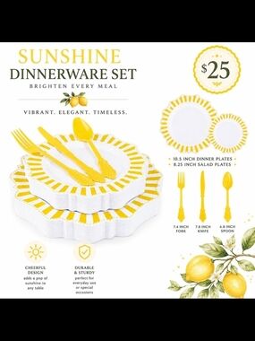 150pcs Disposable White and Yellow Striped Party Dinnerware set